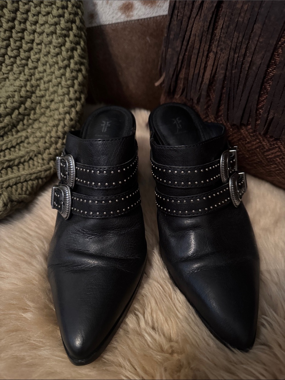 Frye Black Studded Leather Double-Buckle Mules